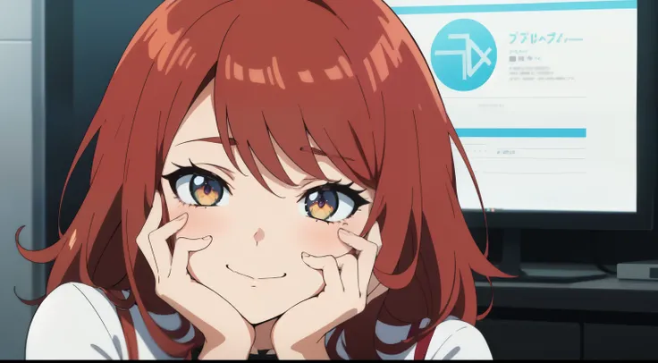 A girl with red hair, bright eyes like an anime, Anime Waifu, retro 80s, hand on her face, sexy face, moaning with a red face, sideways looking at the screen, Anime Girl from the Future, 2D Anime.