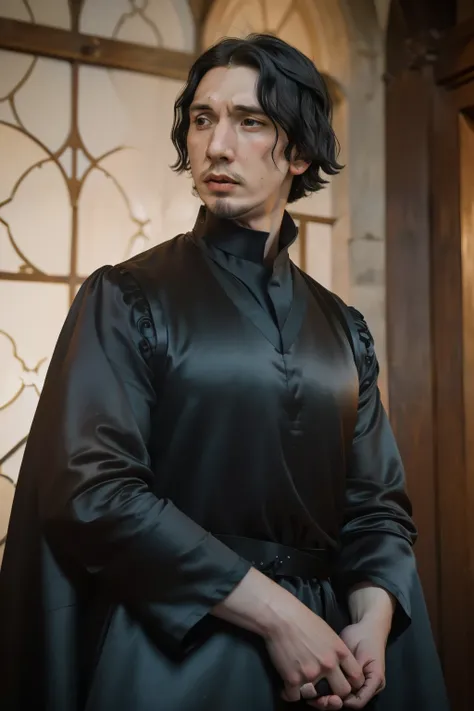 1136, Winchester, England. otherworldly scene in a medieval castle, ((((31-year-old)) Adam Driver)), bishop, ((furious expression, wrath)), ((((black satin tunic from the 12th century)))), ((Hairstyle of the 12th century)), ((Wes Anderson cinematic style))...