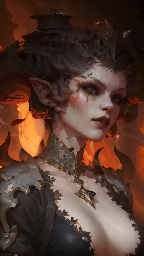 close-up of a woman with horns and a bird on her shoulder, fantasy concept art portrait, detailed matte fantasy portrait, dark f...