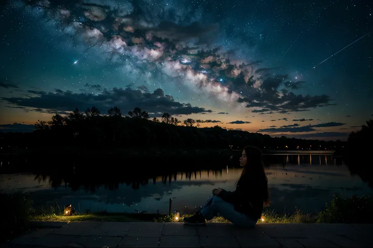 octans, sky, star (sky), scenery, starry sky, night, 1girl, night sky, solo, outdoors, signature, building, cloud, milky way, sitting, tree, long hair, city, silhouette, cityscape