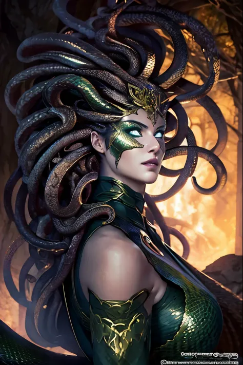 “draw medusa from greek mythology based on her classical description. portray a woman of unearthly beauty with a pale face, chis...