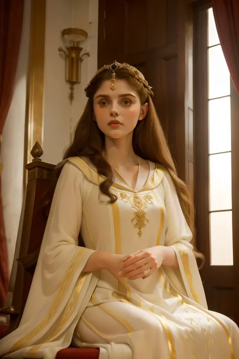 1136, Earlcastle, England. otherworldly scene in a luxurious medieval castle, ((((16-year-old)) Alexandra Daddario)), noble lady, ((proud and confident expression)), ((((tunic gown from the 12th century)))), ((Hairstyle of the 12th century)), ((Wes Anderso...