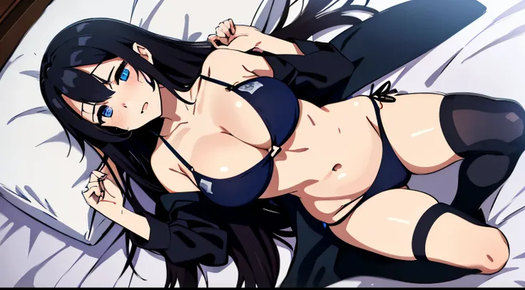 (tmasterpiece、quality、the detail、超高分辨率、Beautifully detailed lighting、Very beautiful girl、Long black hair，female high-school student、Clothed only in bikini、cleavage display、There&#39;s a big sausage in her cleavage，sweat profusely、1 girl in、eBlue eyes、Sleep...