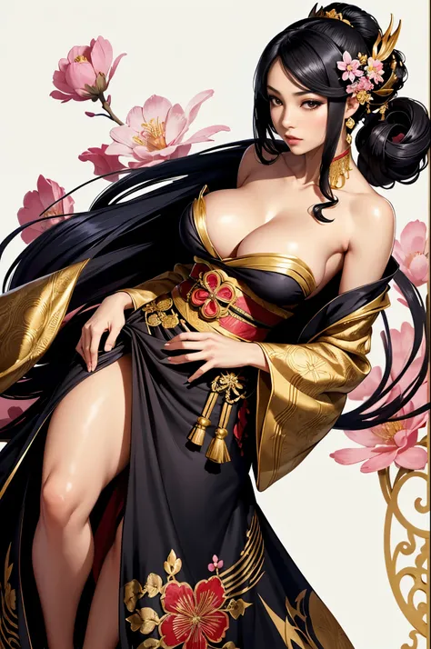 gorgeous oriental woman, black hair in an elaborate hairstyle, elegant embroidered kimono, sakura flower embroidery, gold details, full body shot, cleavage, bare shoulders, standing, large breasts, alchemist, strapless dress, vials
, potions, updo, blank b...