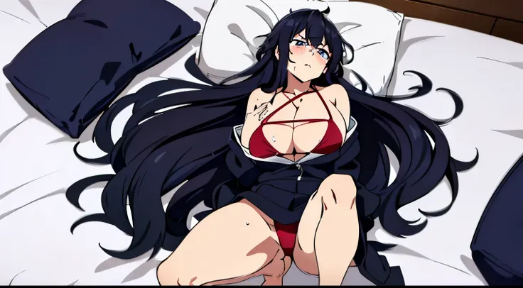 (tmasterpiece、quality、the detail、超高分辨率、Beautifully detailed lighting、Very beautiful girl、Long black hair，female high-school student、Clothed only in bikini、cleavage display、There&#39;s a big sausage in her cleavage，sweat profusely、1 girl in、eBlue eyes、Sleep...