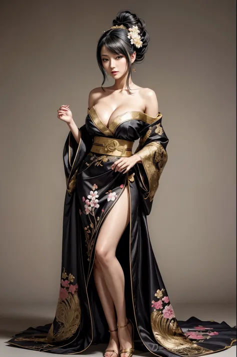 gorgeous oriental woman, black hair in an elaborate hairstyle, elegant embroidered kimono, sakura flower embroidery, gold details, full body shot, cleavage, bare shoulders, standing, large breasts, alchemist, strapless dress, vials
, potions, updo, blank b...