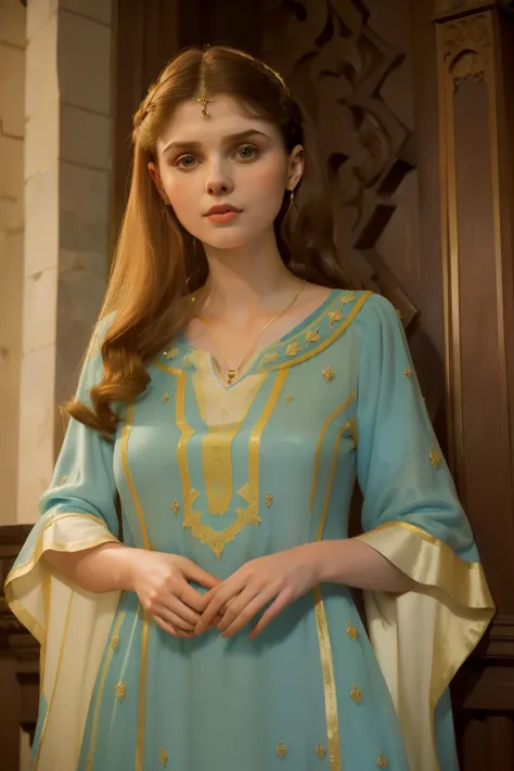 1136, Earlcastle, England. otherworldly scene in a luxurious medieval castle, ((((16-year-old)) Alexandra Daddario)), noble lady, ((proud and confident expression)), happy, ((((tunic gown from the 12th century)))), ((Hairstyle of the 12th century)), ((Wes ...