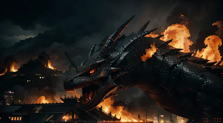 detailed image of a dragon, Giant black dragon,dragon with detailed fire eyes,Dragon spitting detailed black smoke,cidade futurista detalhada,cidade futurista em chamas detalhada,