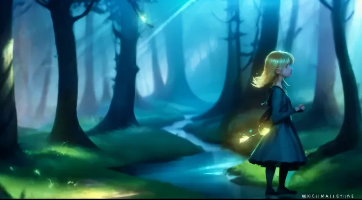 a girl in a blue dress standing in a forest with a stream, concept art magical highlight, glowing lights! digital painting, background artwork, glowing lens flare wraith girl, girl walking in dark forest, luminescent concept art, magical forest with firefl...