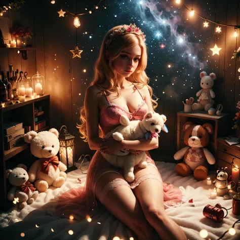 there is a woman in a dress holding a stuffed animal, the woman holds more toys, in a medium full shot, anna nikonova aka newmilky, toy commercial photo, cutest, barbie doll in panties and bra, gorgeous stella maeve magician, belle delphine, wearing a nigh...