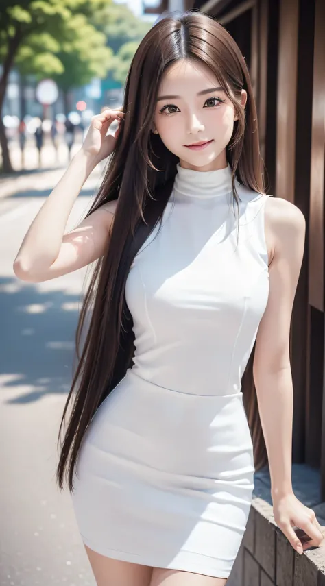 (Best Quality, 32K, nffsw:1.2),(Refreshing smile:1.5),(Look at viewers:1.1）,（hide ones hands:2.0）,(cute and beautiful Japanese）,（straight haired, Long hair, finer hair:1.2), （ High neck sleeveless , tight skirts:1.5), （high-heels;1.3), detailed  clothes, (...