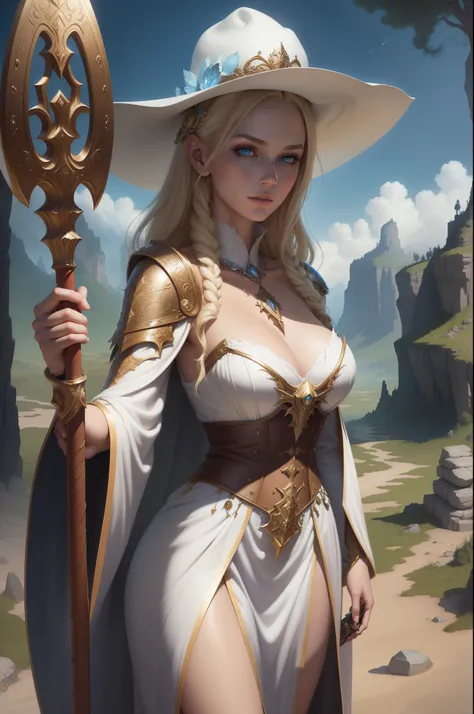 1 gorgeous european blonde woman, age 23, shes a men magazine model, flirts with camera, in a white dress and hat holding a staff, detailed fantasy art, fantasy art style, epic fantasy art style, realistic fantasy illustration, realistic fantasy artwork, e...