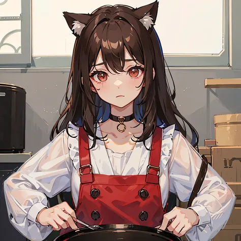 1人、girl with、Brown hair long、a choker、eyes are red、pinafore、cooking a、cat ear、unclear、kawaii