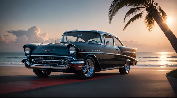 Imponente Chevy 57 vermelho e branco Show Car, enormes rodas BBS, Ridiculously low posture parked near palm trees and beautiful mansions with oceanfront balconies with the sun shining and reflecting everywhere and on the yachts in the background in sunny C...