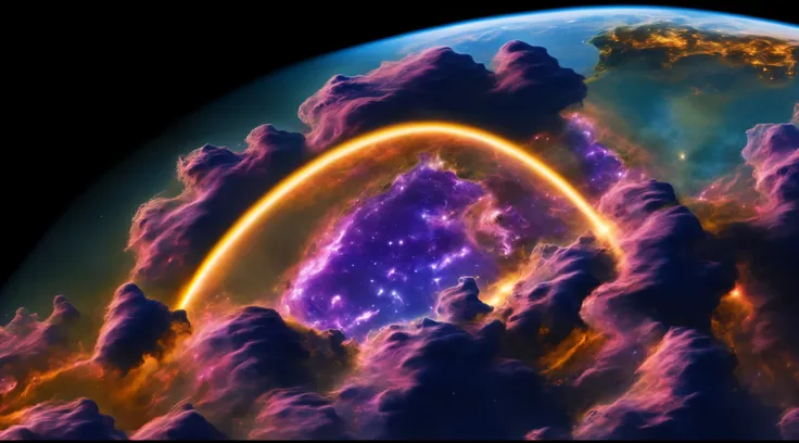 the planet earth is being enveloped by dense purple clouds, JWST