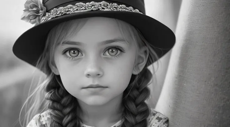 ((Masterpiece, Superb, Super Detailed, High Resolution)), solo, beautiful girl RUSSIAN CHILD IN BRAIDS, bright eyes, perfect eyes, 10 years, black and white gold theme, OF HAT.