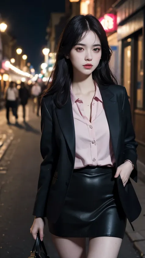 (best quality,masterpiece:1.2),ultra high res,at night,City alley background,photorealistic,beautiful woman,black paleted skirt,pink blouse, blue jacket,black hair,messy hair,almond eyes,angrily,pale skin,bokeh