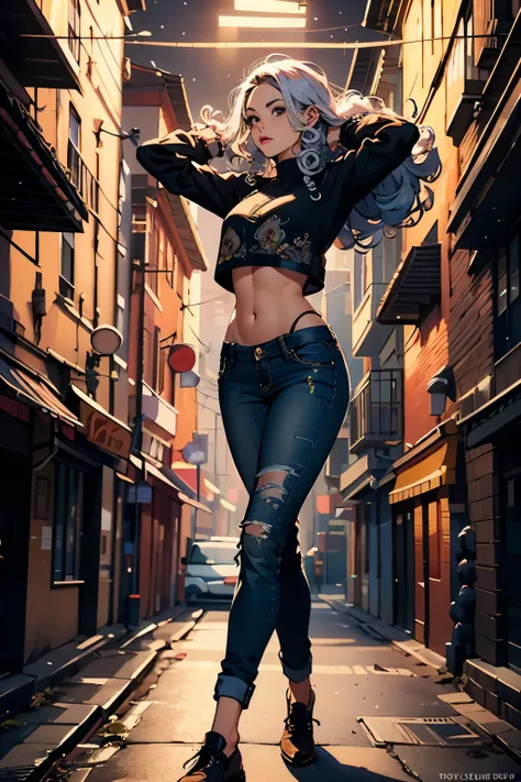 1 woman, (beautiful symmetrical detailed face), curly hair, ((perfect anatomy)), ripped jeans pants, crop top, (full body ) , ex...