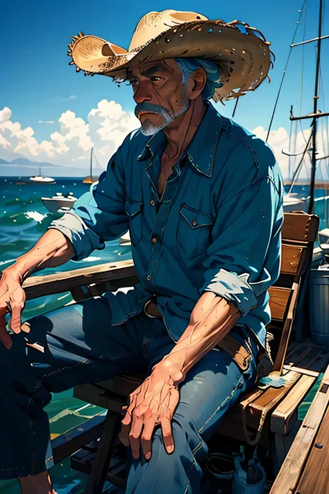 (masterpiece, best quality:1.2), cinematic shot, solo, 1man, Santiago from old man and the sea, sad fisherman, old, looking far away, sitting on a boat, torn clothes , cowboy hat,