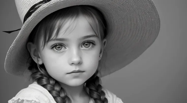 ((Masterpiece, Superb, Super Detailed, High Resolution)), solo, beautiful girl RUSSIAN CHILD IN BRAIDS, bright eyes, perfect eyes, 10 years, black and white gold theme, OF HAT.