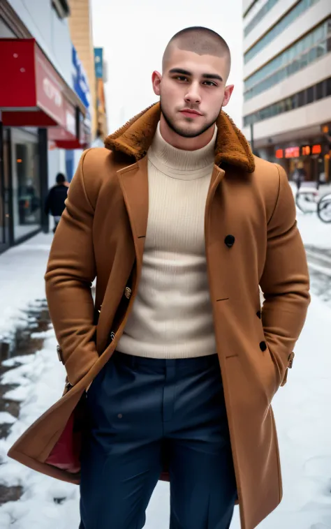 hot boy with strong muscles, 19 years old, buzz cut, in city center, coat, shirt and pants, big cock in pants, very strong, short beard, very short hair, snowing outside, strong