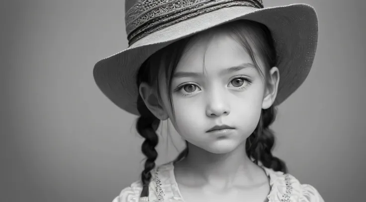 ((Masterpiece, Superb, Super Detailed, High Resolution)), solo, beautiful girl RUSSIAN CHILD IN BRAIDS, bright eyes, perfect eyes, 10 years, black and white gold theme, OF HAT.