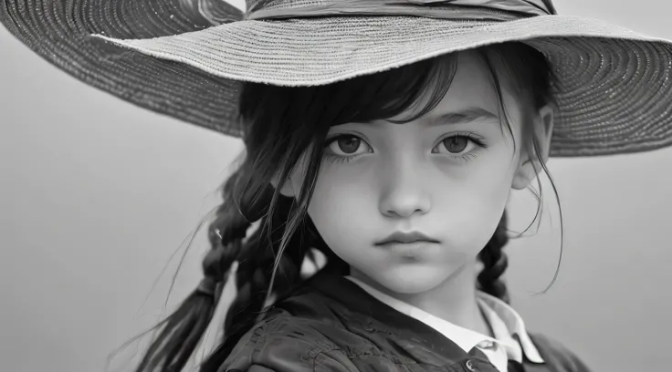 ((Masterpiece, Superb, Super Detailed, High Resolution)), solo, beautiful girl RUSSIAN CHILD IN BRAIDS, bright eyes, perfect eyes, 10 years, black and white gold theme, OF HAT.