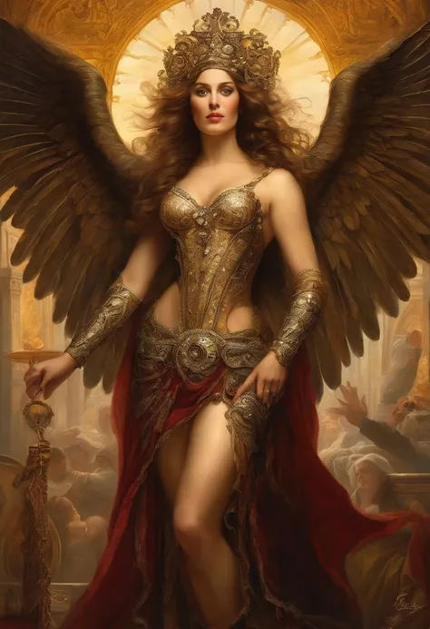 A painting of a magnificent angel, ((man)), ((Dramatic look at camera)), ((muscular, strong body, shapely and muscular legs)), (((large and strong upper body)), (( with several huge wings)), (((majestic angel wings)), diverse positions (((full body shot)),...