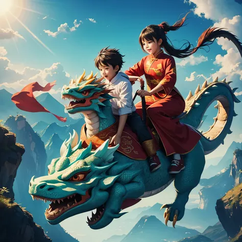 Cute Chinese dragon，Boy and girl riding on dragon，