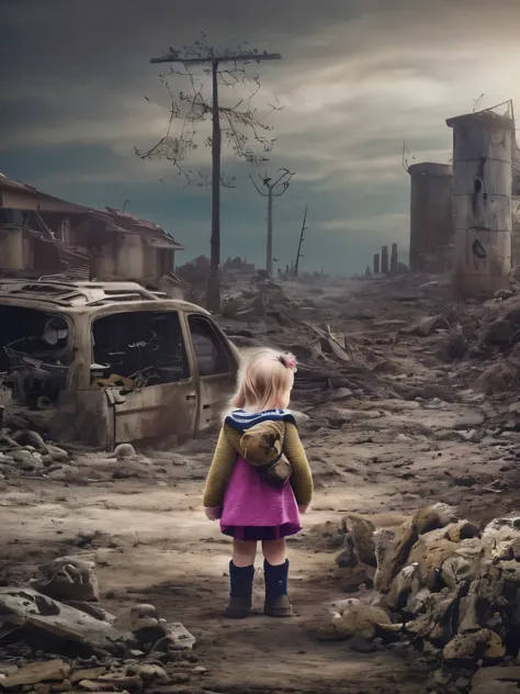 little girl standing in a post apocalyptic landscape. teddy bear in her hand.