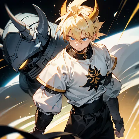 1male , Young Male , Muscular , Blonde Hair ,Blue Eyes , Bull Horns , Serious Expression , Gon Hair , Messy Hair ,White Longsleeve Shirt, Black Armor Piece on one Arm that connects to a chest piece , Black Waist Armor Piece, Exiting Space Ship , Baggy Blac...