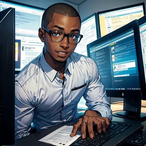 one black male, buzzcut very short, glasses, in front of computer, studying, happy, excited