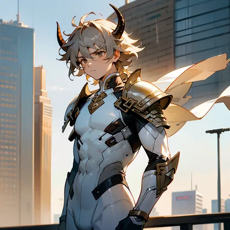 1male , Young Male , Child Male , Muscular , Light Grey Hair , Hazel Brown Eyes , Ox Horns , Serious Expression , Gon Hair , Messy Hair ,White Body Suit,Armor Piece on one arm, Modern City Background, Sunny Day , Bull Horn , sole male