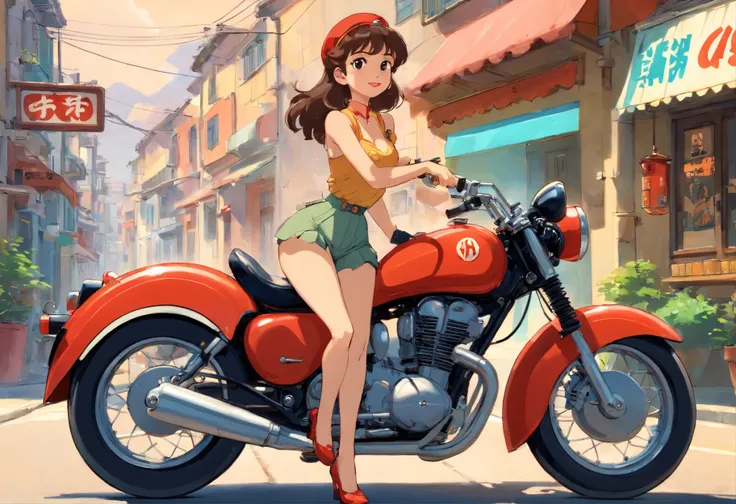 arafed woman on a motorcycle with gas pumps in the background, pinup art, pin up, girl pinup, pin-up, pin - up, pin up girl, pinup, pinup girl, pin-up poster girl, motorcycles, pin - up girl, vintage pin up, by Art Fitzpatrick, pinup model, beautiful retro...