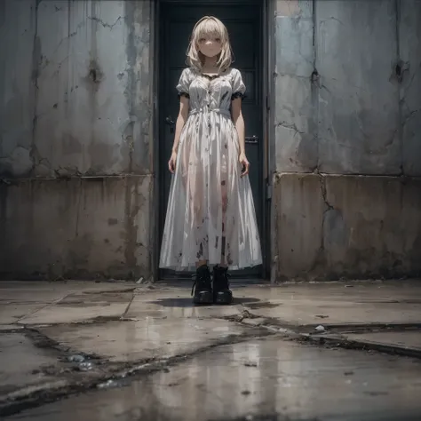 A desolate concrete room with walls showing signs of age and neglect, the floor awash with reflective puddles that catch the light, creating a mirror-like effect, BREAK
Two anime-style girls, their appearances a fusion of punk and gothic influences, stand ...