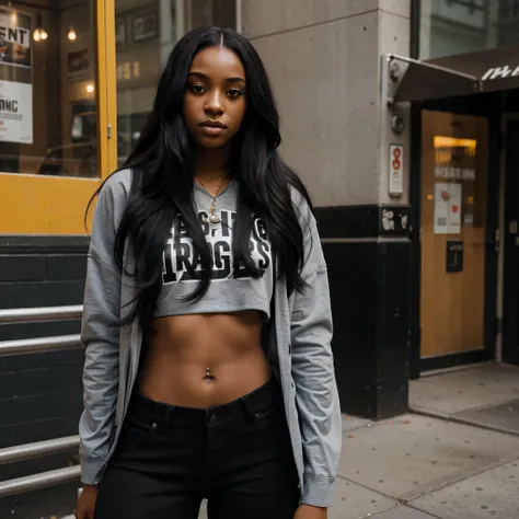 a beautiful young black woman, 23 years old, hip-hop influencer, long black hair, new york city