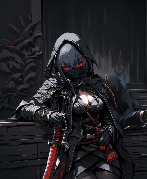 katana in hand, blackstockings, woman wearing hooded jacket, female assassin, female rouge killer, portrait of a bloodborne hunt...