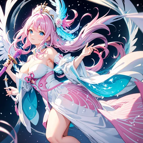 Pink and blue wavy hair and eyes，Wearing a white hat，Aloof princess，In a world with snow，She has the ability to control  ，There are huge phoenix blue wings on the back，Wearing conservative white robes，Turn camera sideways，The gaze is cold，Holding  sword be...