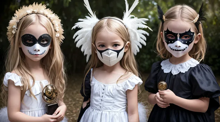 two blonde children dressed in costumes with masks and feathers, fotografia premiada de terror, fotografia de terror, angelic and unsettling, Arte de terror surreal, 2 anjos, imagem assustadora espiritual, fotografia assustadora, , Surrealismo assustador