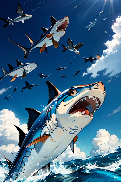 big marlin fish, being eaten by many sharks