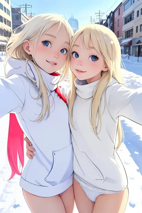 (superflat, flat shading, flat colors:1.1), (winter:1.2), (snow:1.2), (city street), 2girls, petite, loli, blonde hair, white t-...