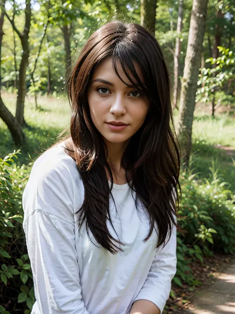 Femme aux cheveux disputant dans une forêt