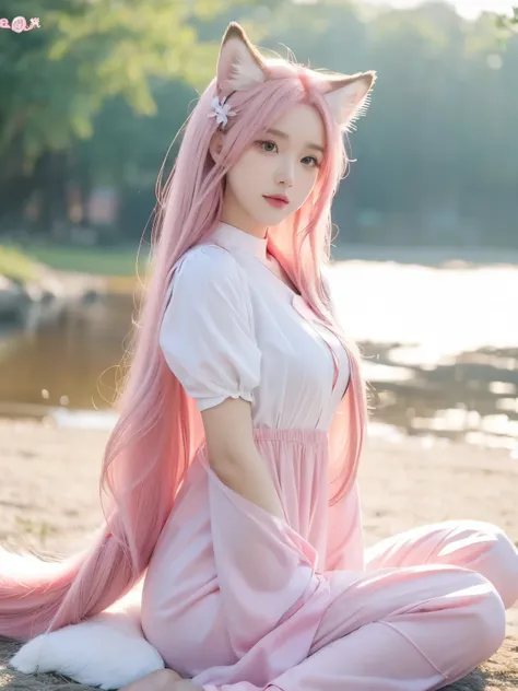 Nine snow-white fox tails (1.0), Milky white fox tail (1.0), Close-up of the nine-tailed fox, Nine tails, Nine tails, animemanga girl，A pink-haired，pinkdress，There are flowers on the hair, very Beautiful anime fox girl, Beautiful anime fox girl, Beautiful ...