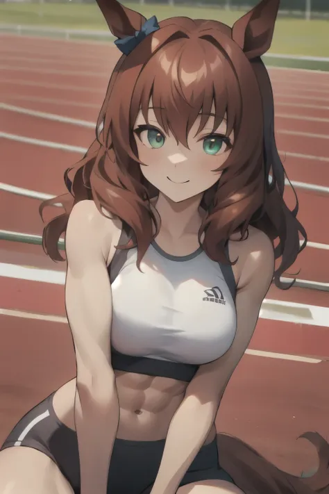 maruzensky(umamusume), ((ultra-detailed face)), beautiful face, masterpiece, best quality, muscle, rikujou, horse tail, large tits, smile, abs, athletics track, hand between legs