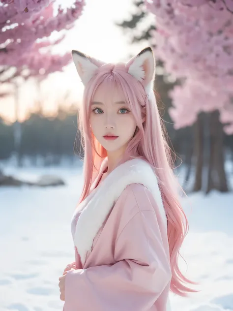 Nine snow-white fox tails (1.0), Milky white fox tail (1.0), Close-up of the nine-tailed fox, Nine tails, Nine tails, animemanga girl，A pink-haired，pinkdress，There are flowers on the hair, very Beautiful anime fox girl, Beautiful anime fox girl, Beautiful ...