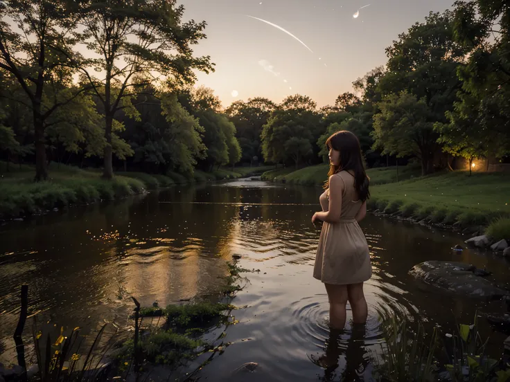 a lovely night scene of a spring emptying into a stream, In the distance is a beautiful girl in a short, sleeveless, brown sack dress beckoning to the camera, behind her is a crescent moon, and the evening star.