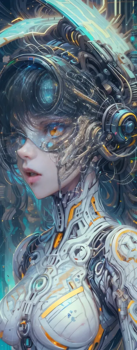 1 Girl, Skin-Tight Body-suite, White Body-Suite, Mecha-Bunny Ears, ((wearing cybernetic Visor as Eye-Wear)), Gadgets, (cyberpunk city background at night), Japanese scene, fractalized, fractal_body