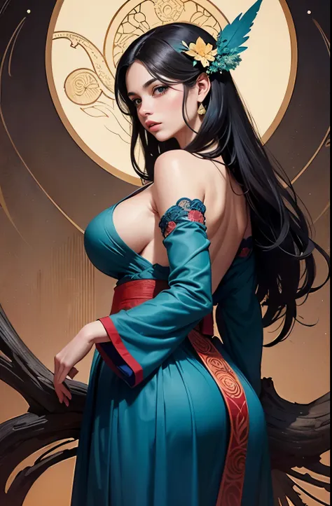 ((masterpiece)), (best quality), (cinematic),Ukiyo-e painting,1girl,  A nymph, A mature sexy woman with large breasts, big eyes, long thick eyelashes, fair skin, dark bushy eyebrows and dark eyelashes, marmoreal skin, full lips, green eyes, long thick hair...