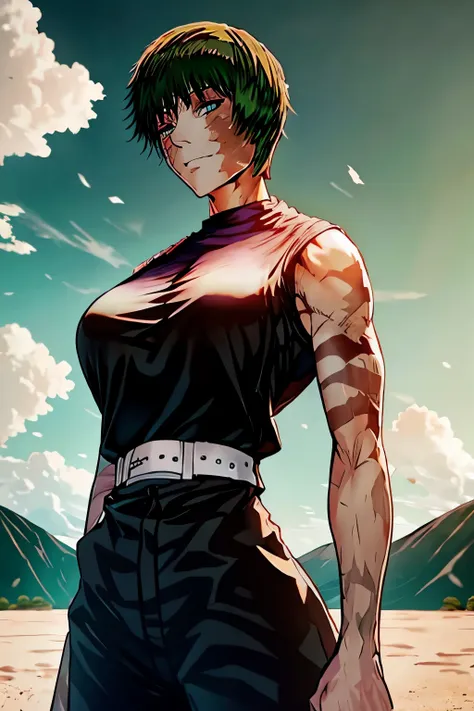 1girl,breasts,scar,short hair,green hair,solo,belt,pants,large breasts,high-waist pants,scar on face,cloud,black pants,sky,holding,outdoors,shirt,green eyes,bangs,hair between eyes,weapon,cowboy shot,looking at viewer,smile,sleeveless,white belt,black shir...