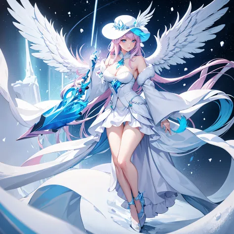 In a land of  and snow, the cold queen, with pink and blue curls and eyes, a white hat, with huge blue phoenix wings on her back, dressed conservatively, eyes cold, and a sword in one hand